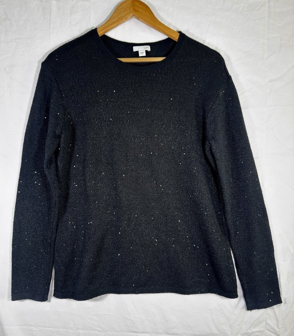J.Jill Women's Black Sequin Knit Sweater Crew Neck Top Small Cotton Blend